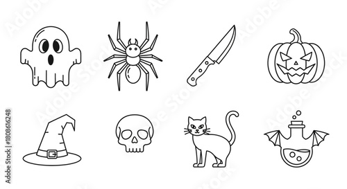 Halloween icons in doodle style featuring ghost spider knife and smiling carved pumpkin for