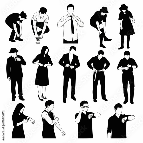 Silhouettes of diverse people getting dressed and adjusting their clothing.