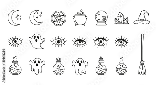 Assorted Halloween vector elements in black and white including ghosts moons eyes and magic