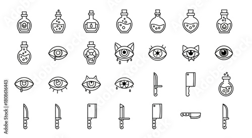 Whimsical Line Art of Alchemy, Divination and Horror Icon Collection Set for Halloween