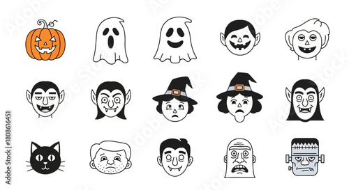 Spooky Halloween Character Collection with Ghosts, Vampires, Witches and More Holiday Doodles
