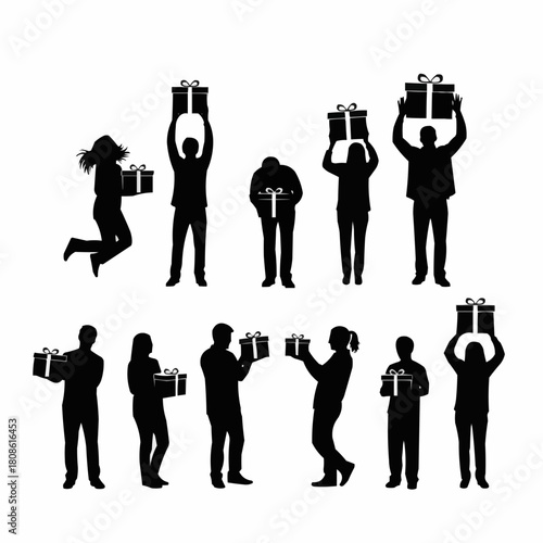 Silhouettes of people holding gift boxes in various poses.