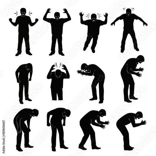 Set of Black Silhouettes Depicting Anger Frustration and Pain.