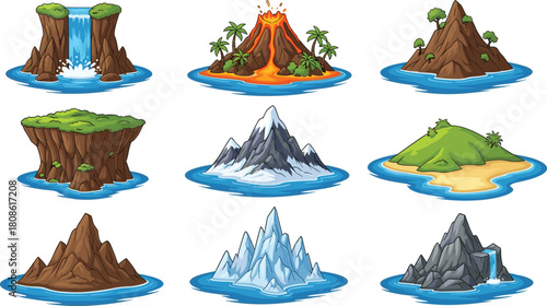 Cartoon island set, volcano, waterfall, mountain, snow, beach, rocky terrain, icy cliffs, tropical, landscape, environment, clipart