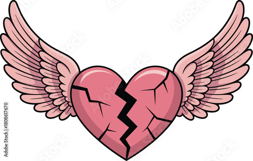 icon of cracked heart with wings, bold vector illustration for emotional, symbolic, fantasy, and edgy design themes