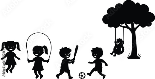 Happy Children Playing Outdoors Silhouette Scene with Kids Skipping Rope, Playing Soccer, Swinging on a Tree, and Holding a Baseball Bat, Representing Active Fun and Childhood Freedom