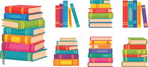 Colorful cartoon book illustration set, stacked and standing books clipart, educational vector pack, academic library design elements
