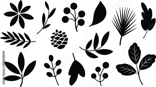 Botanical silhouette icon set, black foliage and berry shapes, vector illustration pack for nature design, seasonal decor, and educational use