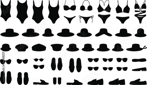 Large vector collection of black summer fashion silhouettes featuring swimwear, bikinis, hats, sunglasses and shoes, isolated on white background for apparel design projects.