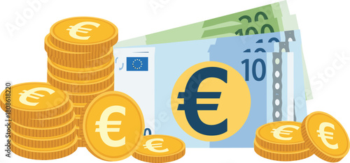 Euro currency, gold coins, banknotes, €10 note, €100 note, finance concept, European money, wealth symbol, travel funds, EU economy