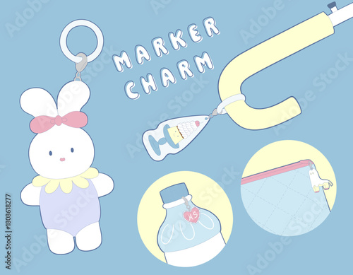 マーカーチャームを持ち物の目印に付けたかわいいカプセルトイイラスト