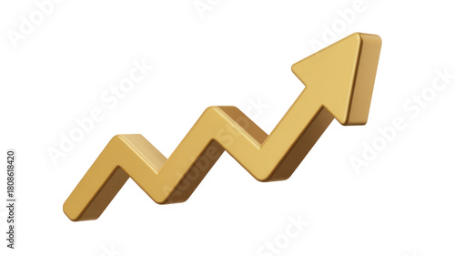 A shiny 3D golden arrow charts an upward, zigzag path, symbolizing growth, progress, financial increase, and successful trends. background removed