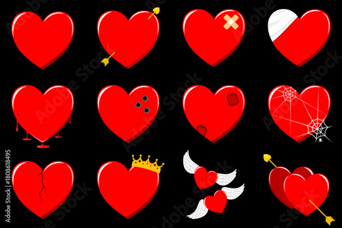 Emotional Heart Vector Set. Styled Red Hearts with Attitude. The Many Faces of Love : Heart Icons for Valentine's Day Project.