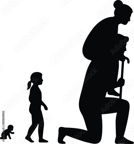 Multigenerational Family Silhouette Concept Showing the Life Cycle from Baby to Child to Adult Supporting an Elderly Person, Representing Growth, Support, and Intergenerational Care