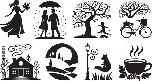 Collage of eight black silhouette illustrations depicting autumn scenes and elements including people trees and a house