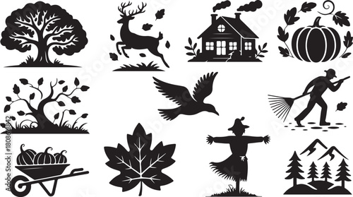 Autumn and Harvest Themed Icons and Silhouettes Keywords: autumn, fall, harvest, season, tree, deer, house, pumpkin, wheelbarrow, bird, scarecrow, mountains, pine trees, maple leaf, nature