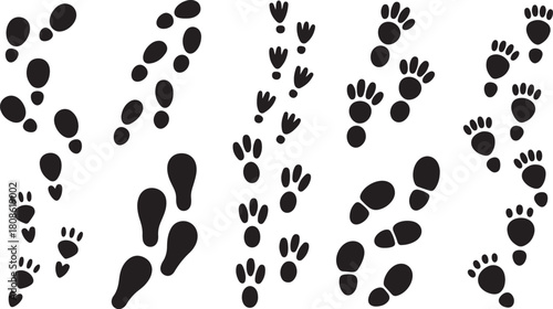 Set of black and white footprints and paw prints in various sizes and patterns on a white background Keywords: footprints, paw prints, animal tracks, human footprints, shoe prints, animal, mammal