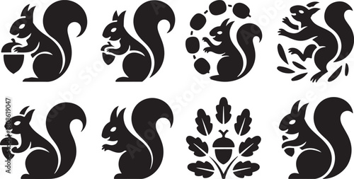 Eight black silhouette illustrations of squirrels interacting with acorns and leaves Keywords: squirrel, silhouette, acorn, nut, leaves, autumn, forest, animal, wildlife, nature, illustration