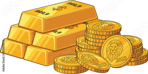 Gold bars, gold coins, 999.9 purity, dollar symbol, lion coin, wealth concept, financial asset, investment icon, luxury theme, 2023 currency