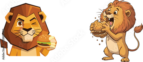 Cute cartoon lions eating delicious burgers, funny animal characters enjoying fast food, playful lion illustration for food, mascot, and children’s design