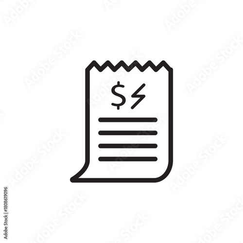 Utility billing icon. Features a receipt or invoice with a dollar sign and electrical symbol. Represents energy costs, consumption charges, meter reading, and smart grid payment concepts.