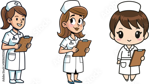 Cute cartoon nurses holding clipboards, medical staff characters in uniform, healthcare worker illustrations for hospital, clinic, nursing education and professional designs