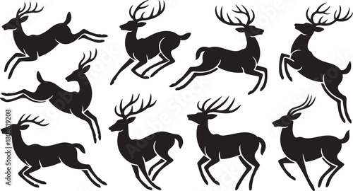 Set of Black Deer Silhouettes in Dynamic Poses Keywords: deer, stag, buck, silhouette, animal, wildlife, nature, forest, mammal, antler, horns, running, jumping, leaping, galloping, grazing