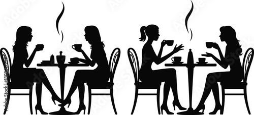 Set of Black Silhouettes of Women Sitting at Cafe Tables Drinking Hot Coffee and Talking Isolated on White Background for Restaurant Design Elements