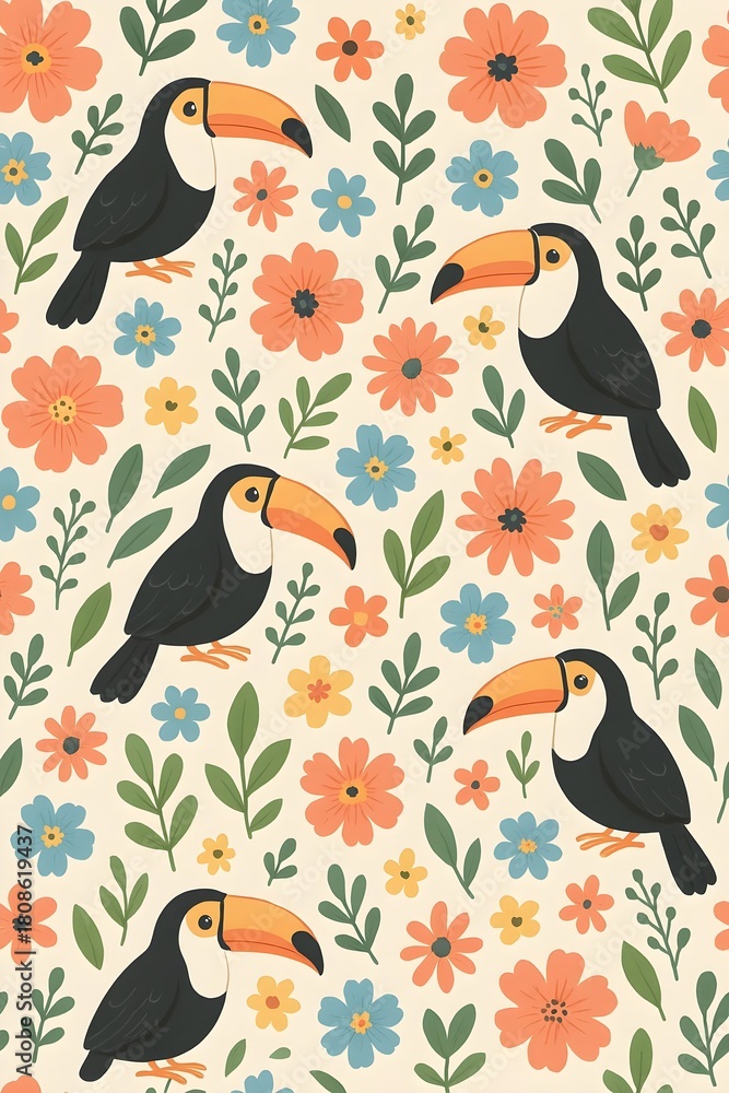 Fototapeta premium seamless pattern with toucans cute and beautiful flowers. Vector illustration