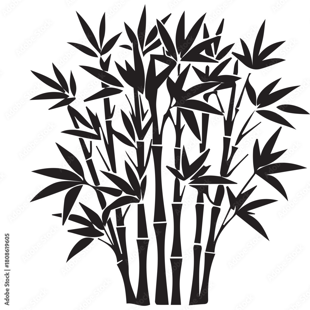 Obraz premium Vertical Bamboo Plant Silhouette Black Tropical Stalks and Foliage on White Background