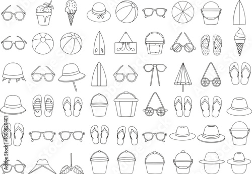 PrintBeach vacation outline icon collection with summer accessories, hats, flip flops, sunglasses, ice cream, beach balls, minimal line drawings, illustration