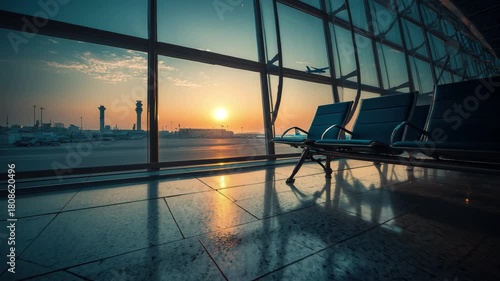 Golden sunrise at airport lounge with plane taking off - travel and business opportunities, 4K