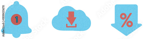 Three light blue icons representing launch download and discount isolated on transparent background