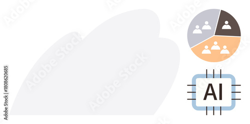 AI processor chip with pie chart dividing user segments in teamwork concept. Ideal for technology, business strategy, data analysis, AI, teamwork, segmentation, innovation. Simple flat metaphor