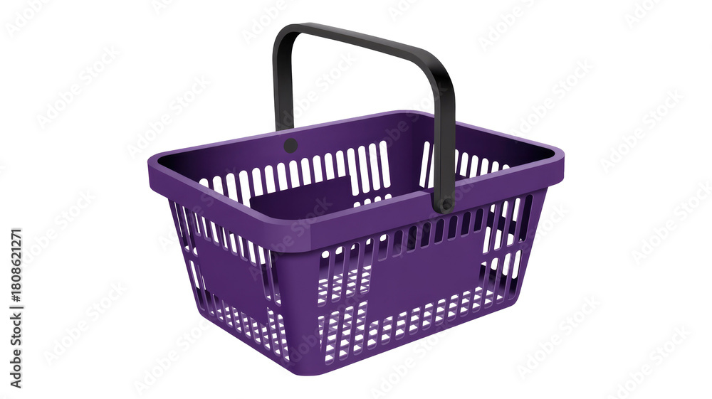 Fototapeta premium A vivid purple plastic shopping basket with a black handle, presented empty and ready for retail use. Ideal for grocery stores or markets. background removed