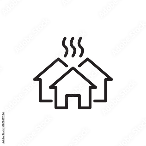 District heating icon. Features a cluster of homes with steam heat rising. Represents community energy systems, thermal distribution, utility infrastructure, and sustainable residential heating.