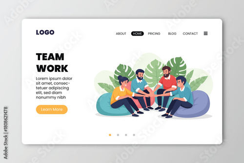 Team work flat horizontal web site banner with group of happy people vector illustration