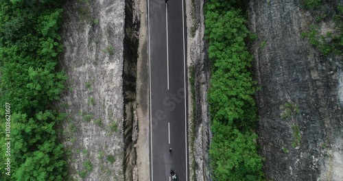 Aerial view of the blue sea, green trees, and coastal road.