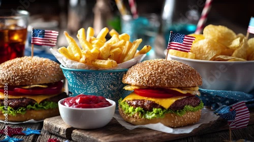 All-American burgers and fries picnic scene celebrating freedom and summer fun celebration, 4K