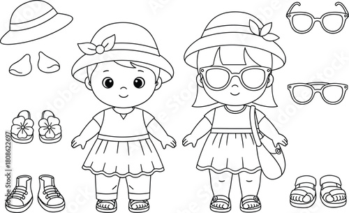 PrintCute cartoon kids dressed in summer outfits with hats, sunglasses, shoes, accessories for coloring pages, vector illustration, children activity sheet
