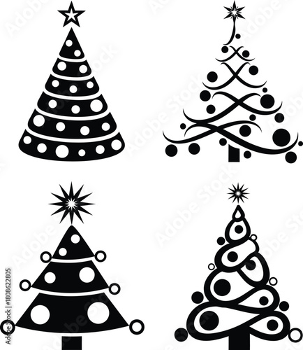 Four decorative Christmas tree icons set in black and white silhouette, featuring various ornament and star topper designs.