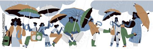 Rain and Hurricane with People Character in Storm Weather Vector Illustration