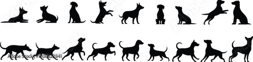 PrintDog silhouette vector collection showing various playful poses, running actions, sitting positions, and training movements for pet design and illustration projects