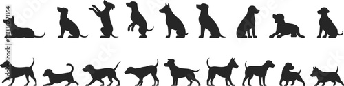 PrintDog silhouette vector set displaying various canine poses, playful actions, walking movements, sitting positions, and pet illustration elements for creative design projects