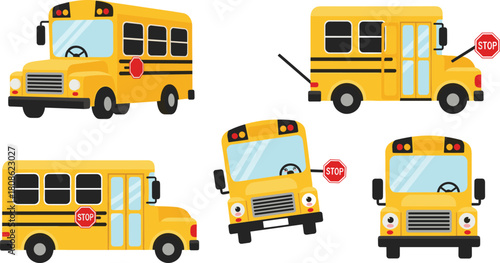 School bus multi-angle illustration, yellow cartoon transport, front side rear views, safety stop sign clipart, educational vehicle design set