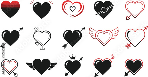 Stylized heart icon set, romantic symbols collection, cartoon love clipart, Valentine graphic design, black red emotion vector pack