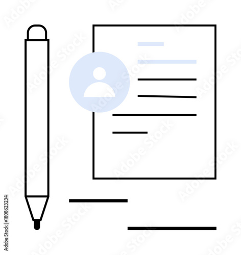 Pen and document with profile icon, symbolizing writing, resumes, forms, or contracts. Ideal for communication, documentation, HR, education personal organization online profiles simple flat