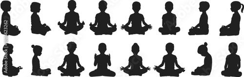 PrintSilhouette children practicing meditation and yoga poses, peaceful mindfulness illustration for wellness, calm seated positions, vector artwork for education and relaxation