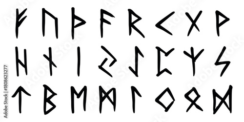 Set of hand drawn viking runes Ancient scandinavian futhark germanic celtic alphabet clipart in doodle style Single element for print, web, design, decor