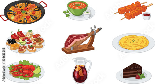 Spanish cuisine illustration, traditional food dishes, paella, tapas, gazpacho, jamón, tortilla, seafood, sangria, dessert, Mediterranean cooking, gourmet meal art